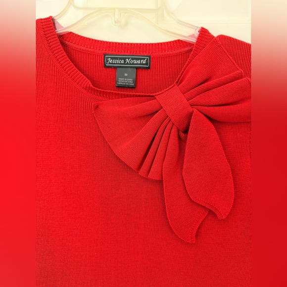 Jessica Howard Red Sweater Knit Dress, Bow Design, Long Sleeve Flair Skirt, Sz M - Picture 5 of 12